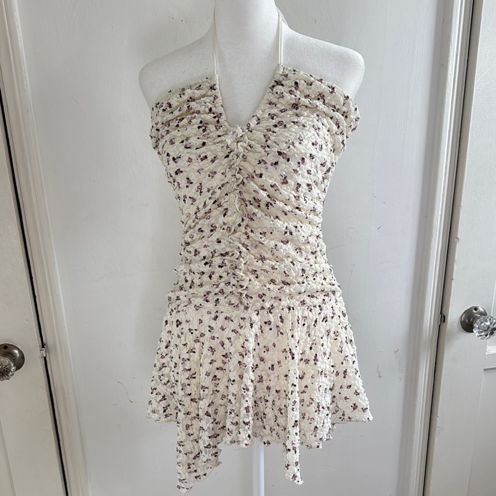 Floral Halter Lace Romper - Cream